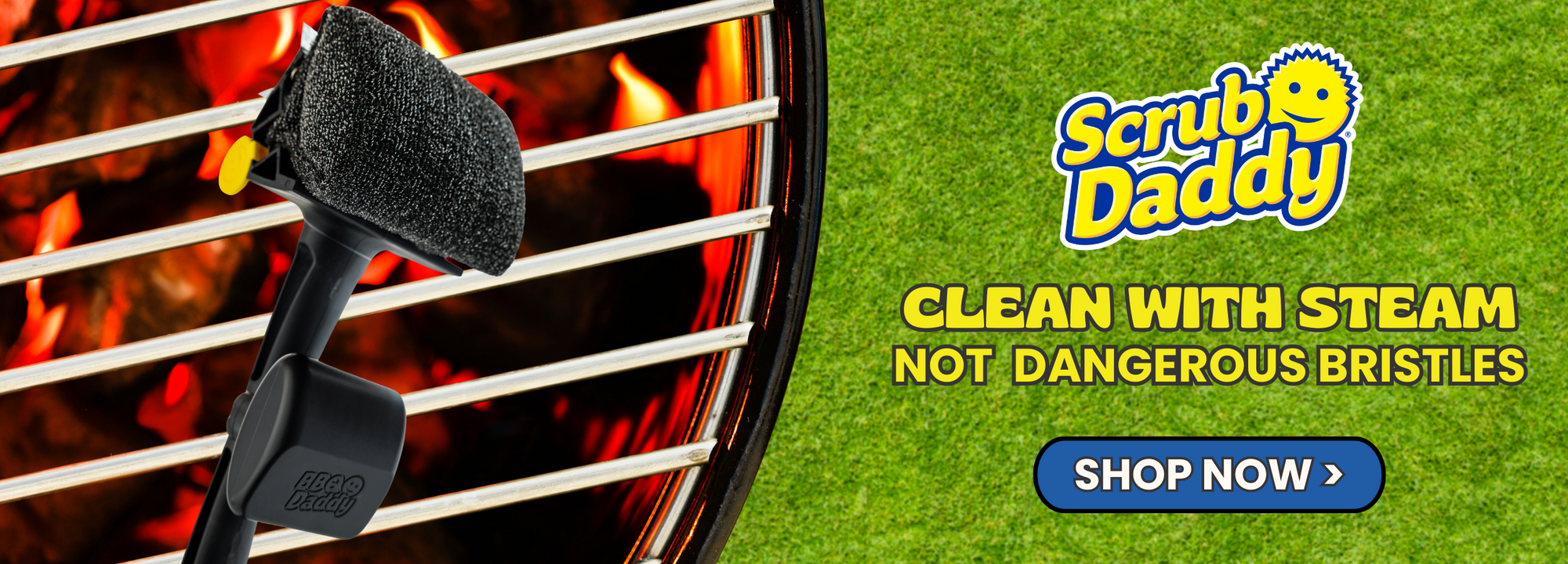 Scrub Daddy banner promoting steam cleaning for BBQ grills