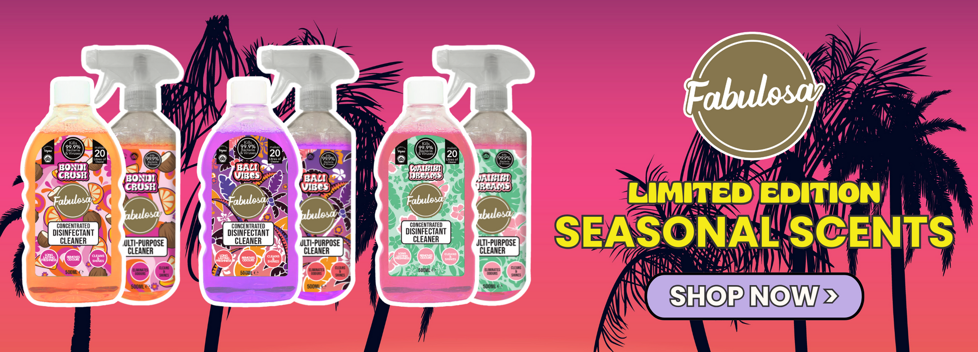 Fabulosa cleaning products in various scents under 'Limited Edition Seasonal Scents' banner.